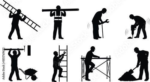 Construction worker silhouettes set with ladder tools scaffolding isolated on white background for industrial building maintenance labor concept illustration collection