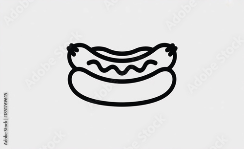 Simple Black Line Art Icon of a Hot Dog with Mustard in a Bun for Fast Food Menus, Concession Stand Branding, and Culinary Web Design.