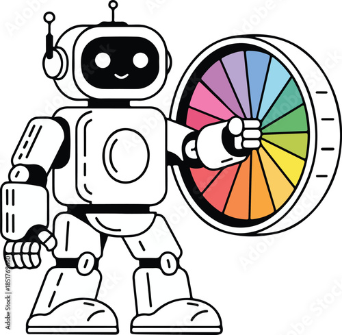Friendly cartoon robot holding a colorful rainbow color wheel.