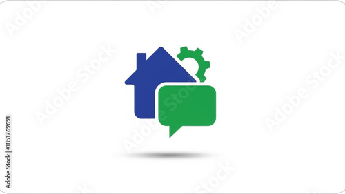A minimalist real estate icon featuring a blue house silhouette, a green mechanical gear, and a green speech bubble. This design represents smart home communication, automated property management.