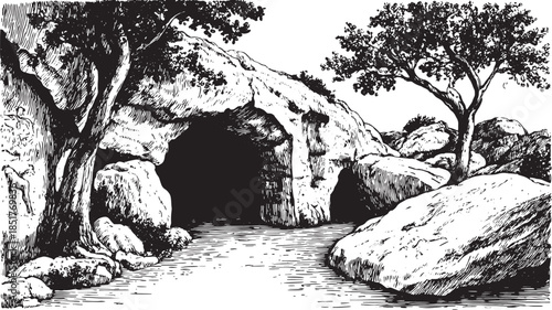 Cave surrounded by rocks and trees in a natural landscape. Black and white vector illustration showing detailed textures in a vintage art style.