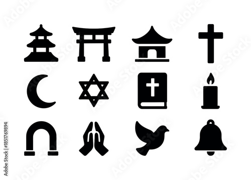 Faith Iconography Grid. Cultural faith sites. Solid icon set of