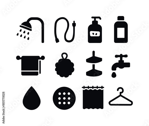 Shower Accessories Icons. Shower accessories. Solid icon set of