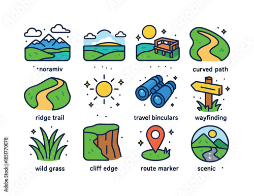 Colorful Scenic Icons. scenic routes. Colorful isometric vector