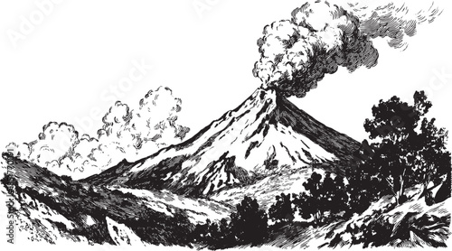 Volcano eruption landscape in black and white vector illustration. Detailed drawing showing smoke, clouds, and trees in a scenic mountain set.
