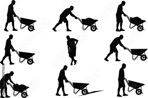 Construction worker silhouettes set, laborer pushing wheelbarrow, manual work activities, building site jobs, industry workforce vector illustration isolated background design
