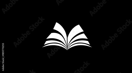 White stylized open book icon on a black background. Simple graphic symbol of knowledge, education, learning, and wisdom.