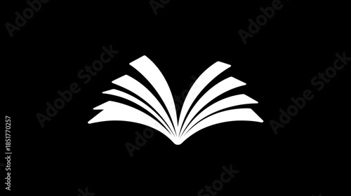 Open book icon, minimal white symbol on black background, representing education, learning, knowledge, wisdom, and literature