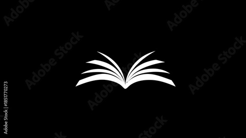 Minimalist open book icon on black background representing education, knowledge, learning, wisdom, reading, and literature symbol.