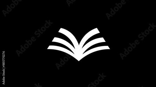 Minimalist open book icon, stylized white pages on black, symbolizing education, knowledge, learning, wisdom, and literature.