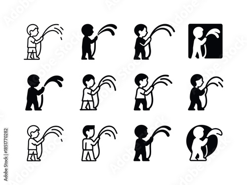 Garden Hose Play Icons. Playing with a garden hose. Icon set. Se
