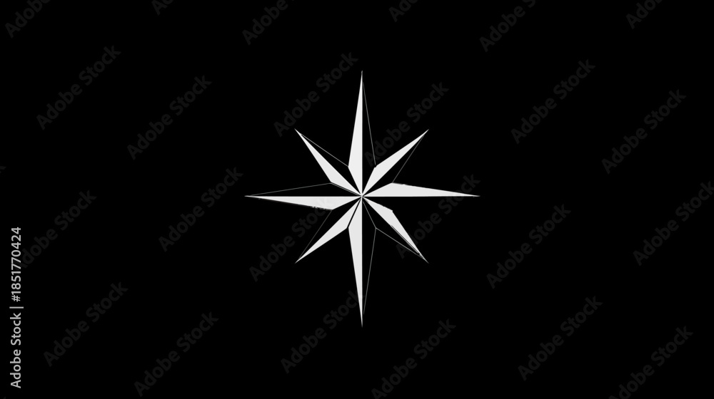 Fototapeta premium White stylized starburst compass rose icon on black background, symbolizing direction, navigation, guidance, and exploration design element.