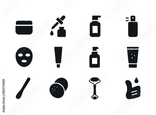 Skincare Icons Set. Trying skincare products. Solid icon set of