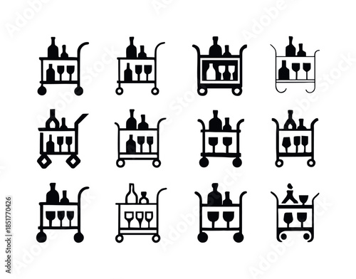 Stylish Bar Cart Icons. A stylish bar cart with liquor and glass