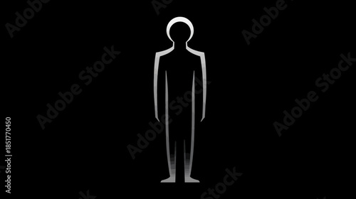 Minimalist white outline of a human figure silhouette on a stark black background, symbolizing identity, anonymity, and a conceptual person.