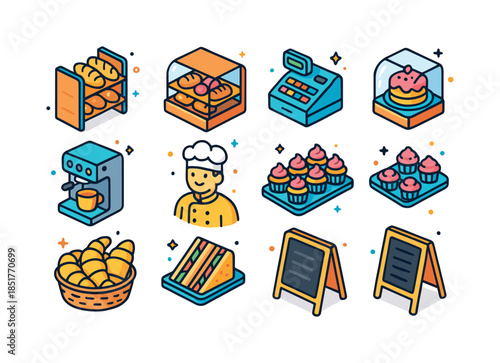 Bakery Icon Extravaganza. Bakery Shop. Colorful isometric vector
