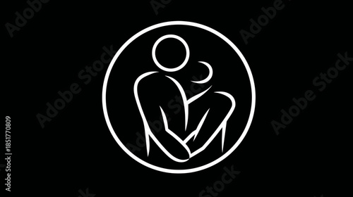 Abstract line art icon of two stylized people embracing in a circle, symbolizing love, family, support, and human connection.