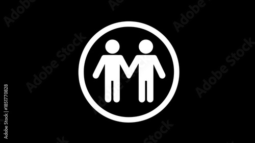 Modern icon of two stylized people holding hands in a white circle on a black background, representing partnership, equality, and unity.