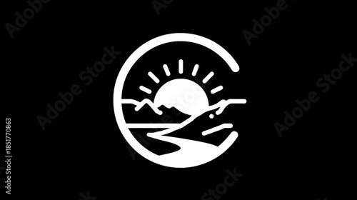 Minimalist line art landscape emblem with sun, mountains, and river in a circular shape. Nature outdoors logo concept.