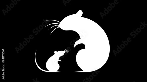 Minimalist graphic illustration of an adult rat and baby mouse silhouette on black background, simple rodent vector art