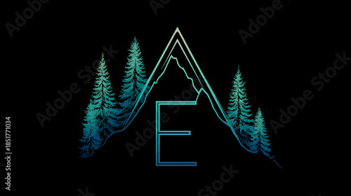 Modern stylized mountain and pine tree graphic with a teal gradient 'E' on black background, adventure nature design.
