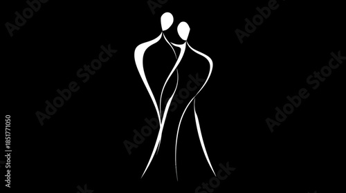 Elegant abstract white line art of a couple embracing on a black background, symbolizing love, connection, and togetherness.