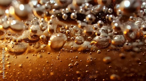 Golden bubbles rising in a fizzy drink with warm lighting