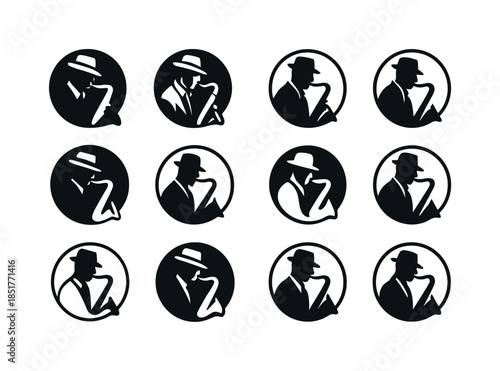 Saxophone Logo Variations. A jazz musician playing a saxophone i