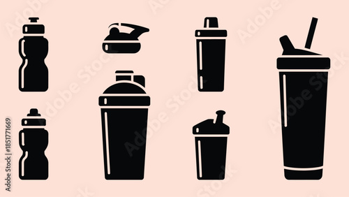 Collection of various water bottles and cups. set of drinks icon