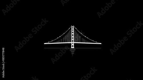Minimalist Suspension Bridge Icon with Reflection on Dark Background. Stylized Architectural Silhouette Graphic.