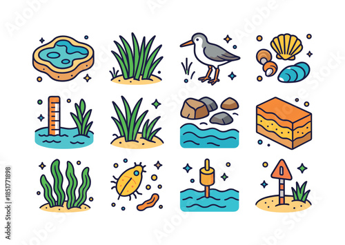 Coastal Wetlands Icons. coastal wetlands. Colorful isometric vec