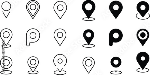 Vector Illustration of Location Pin Icons, Featuring Various Outline and Black Silhouette Designs for Navigation, GPS Tracking, Maps, and Travel Direction Concepts