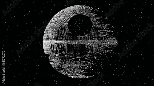 Gigantic sci-fi space station, a massive spherical battle facility with a distinct crater, floating in deep dark outer space with stars