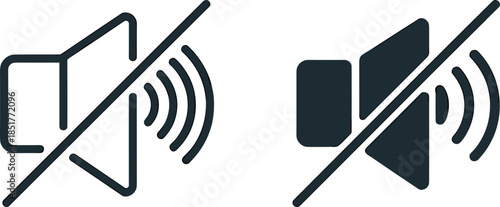 Vector Illustration of Mute and Silent Mode Icons, Featuring Outline and Black Silhouette Speaker Designs with Strike Through Lines for Audio Controls