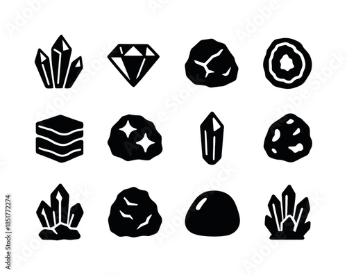 Mineral Icon Grid. Mineral. Solid icon set of Mineral: crystal c