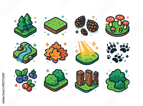 Woodland Glade Icons. Woodland glade. Colorful isometric vector