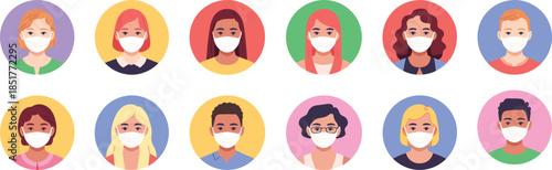 Vector Illustration Set of Diverse People Wearing Medical Face Masks, Featuring Colorful Avatar Icons for Healthcare Safety and Protection Concepts