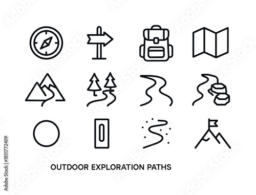 Outdoor Adventure Icons. Outdoor exploration paths. Line icon se