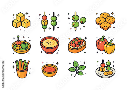 Party Appetizers Icons. Party Appetizers. Colorful isometric vec