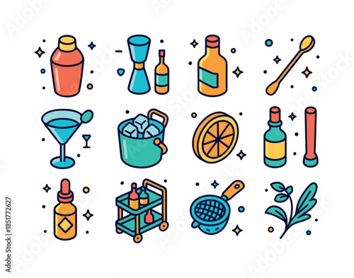 Vibrant Mixology Icons. Mixology. Colorful isometric vector icon