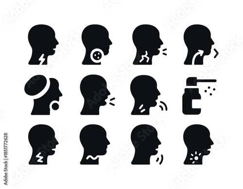 Throat Symptom Icons. Throat symptoms. Solid icon set of Throat