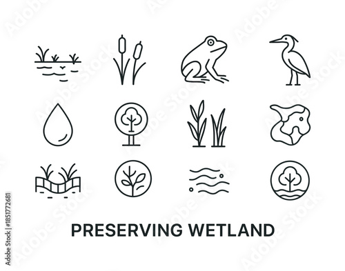 Wetlands Icon Set. Preserving Wetlands. Line icon set of Preserv