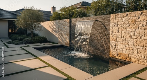 Luxurious outdoor patio, stone wall, flowing waterfall, reflection pool
