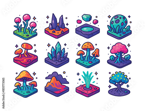 Alien Landscape Icons. Alien Landscapes. Colorful isometric vect