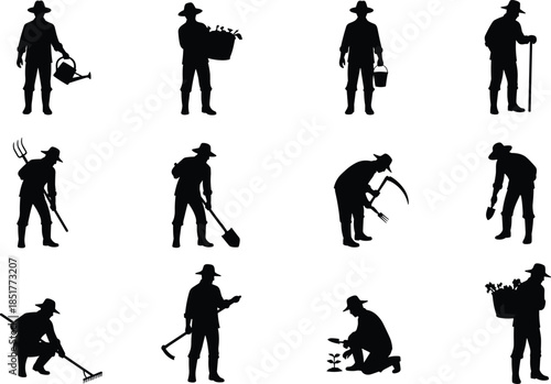 Farmer silhouette collection showing agricultural activities with tools, gardening work, rural lifestyle scenes, black vector farming characters isolated