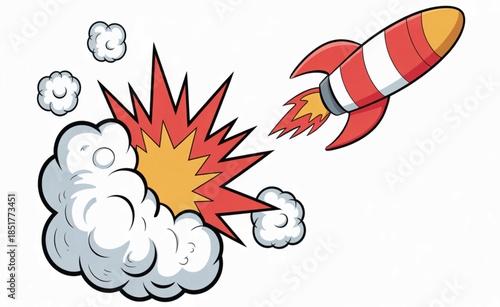 Colorful Cartoon Illustration of a Red and White Space Rocket Launching with a Dynamic Smoke Cloud and Explosion for Startups and Creativity.