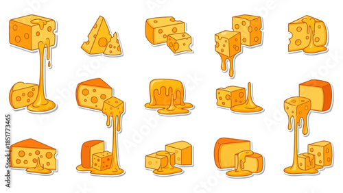 Collection of stylized illustrations of cheese blocks dripping with melted cheese