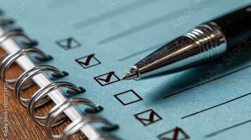 A close up shot focuses on a metallic ballpoint pen marking a checkbox on a light blue notepad. The notepad is spiral bound and rests on a wooden surface.