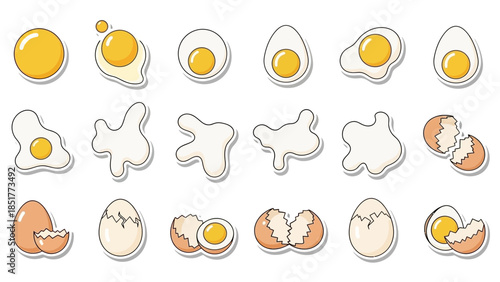 Variety of egg illustrations whole, cracked, fried, boiled, and abstract splatters. Perfect vector set for breakfast, cooking, and healthy food design projects