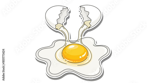 Charming hand-drawn style illustration depicting a raw cracked egg, with its vibrant yellow yolk and clear white spread out, rendered with a bold outline and gentle shadow for a fun, animated look